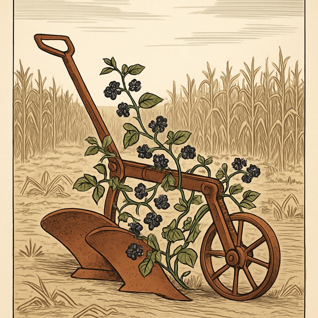 The alt text for this image is: A vintage potato digger with a blackberry plant growing out of it, surrounded by a cornfie...