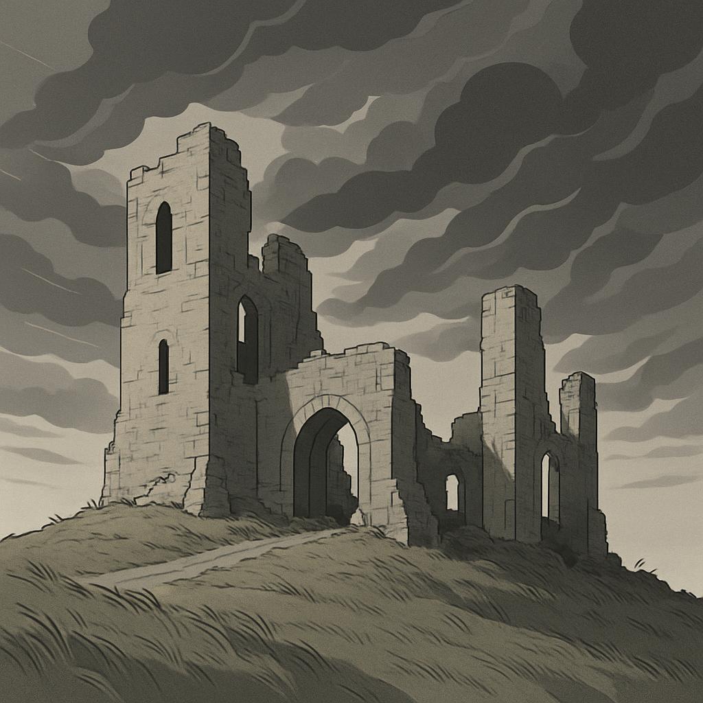 Ruins of a castle in monochrome.