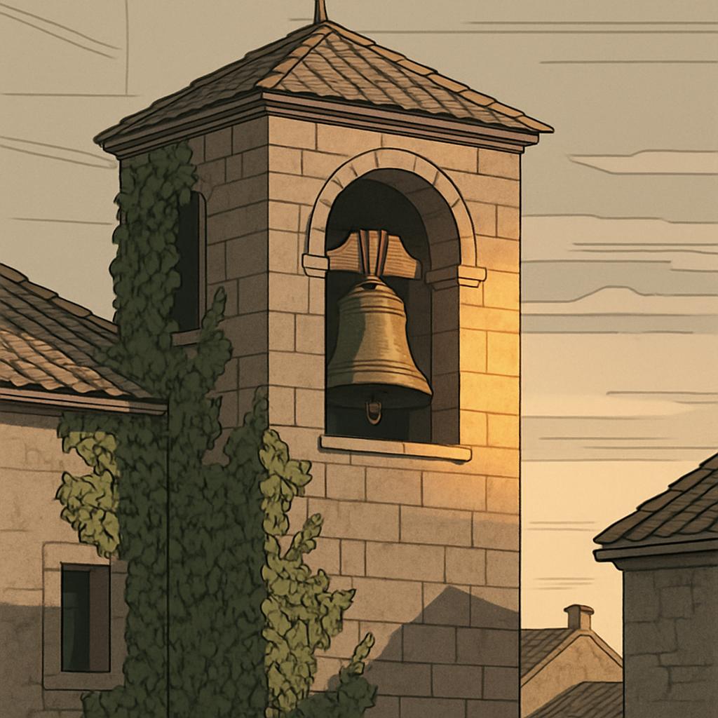 An image depicting a stone tower featuring a large bell. [Caption: High stone tower with a large hanging bell, part of a s...