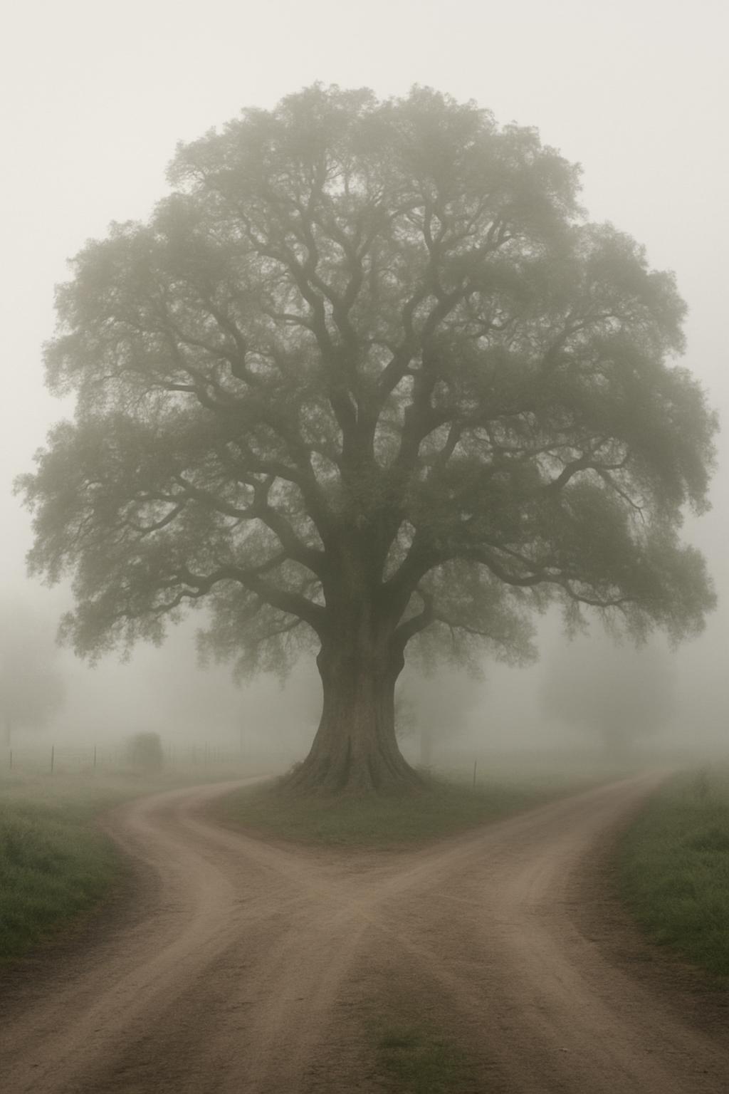 a large tree is in the middle of a dirt road that splits in two directions in an open field in the background.